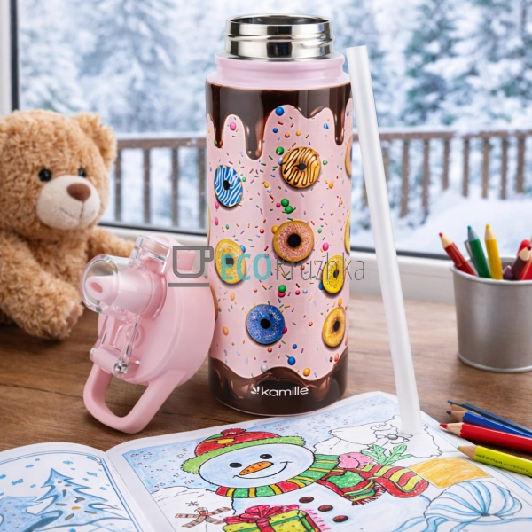 Дитячий термос-поїлка з трубочкою 600 мл Пончик рожевий  ...