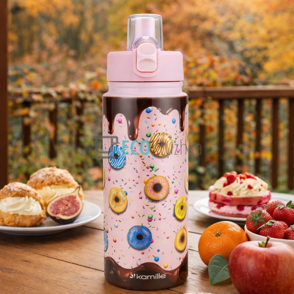 Дитячий термос-поїлка з трубочкою 600 мл Пончик рожевий  ...