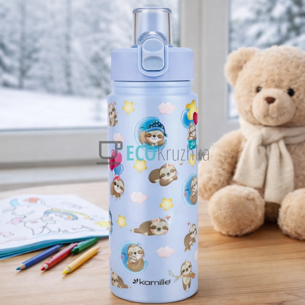 Дитячий термос-поїлка з трубочкою 600 мл Лінивець блакит ...