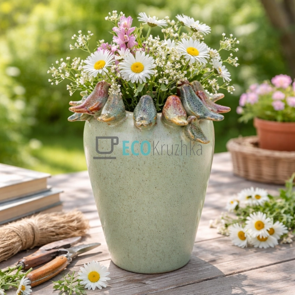 Декоративна керамічна ваза Birds 16 х 15.5 х 22 см зелен ...