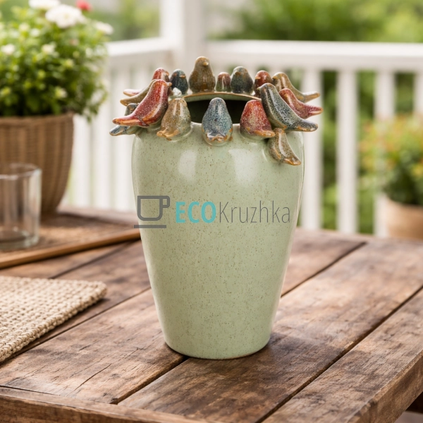 Декоративна керамічна ваза Birds 16 х 15.5 х 22 см зелен ...