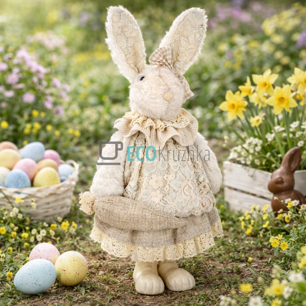 Великодня декоративна фігура Зайчик з морквою бежевий 41 ...