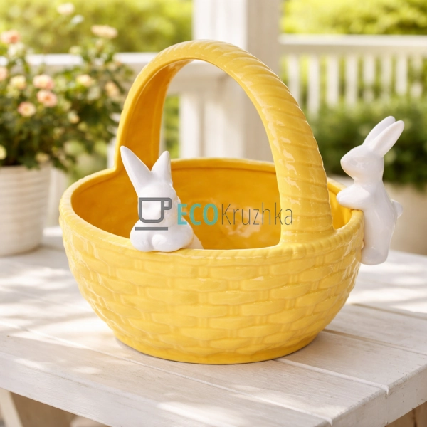 Цукерниця Зайчики в кошику 22 см жовтий (733-548)