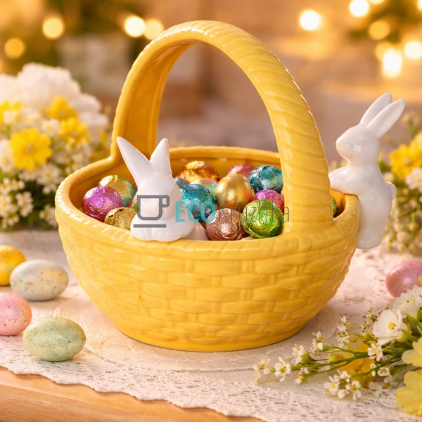 Цукерниця Зайчики в кошику 22 см жовтий (733-548)