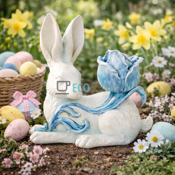 Декоративна фігура Кролик білий з блакитною квіткою 24 с ...