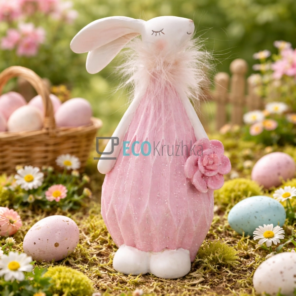 Декоративна статуетка Зайчик з квіткою 18 см рожевий (83 ...