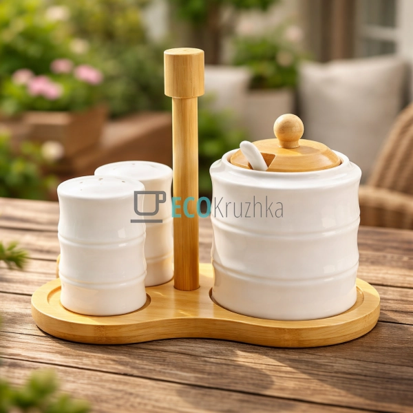 Набір на бамбуковій підставці три предмети (цукорниця, с ...