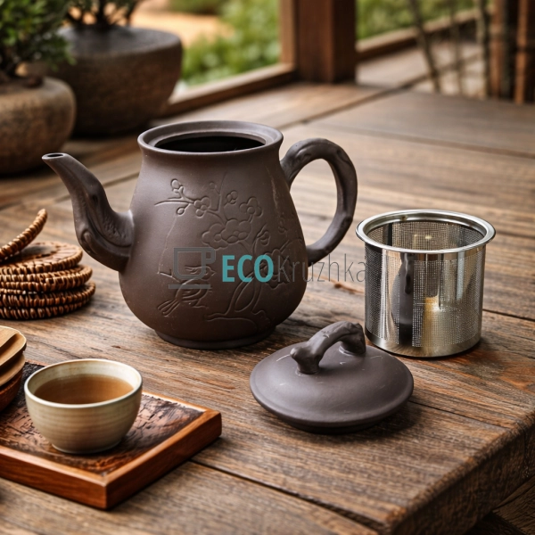 Глиняний чайник 750 мл “Пташка” темний (T2574)
