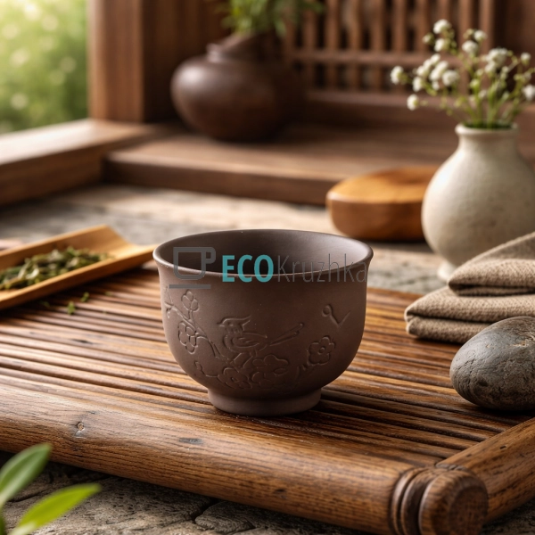 Глиняна піала для чаю 100 мл “Квітуча сакура” темний (TC ...