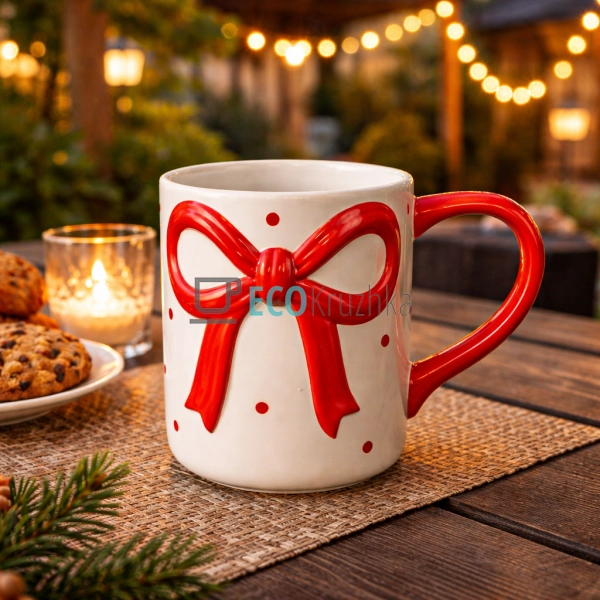 Кухоль керамічний Бант 400 мл біло-червоний (304-041)