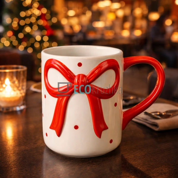 Кухоль керамічний Бант 400 мл біло-червоний (304-041)