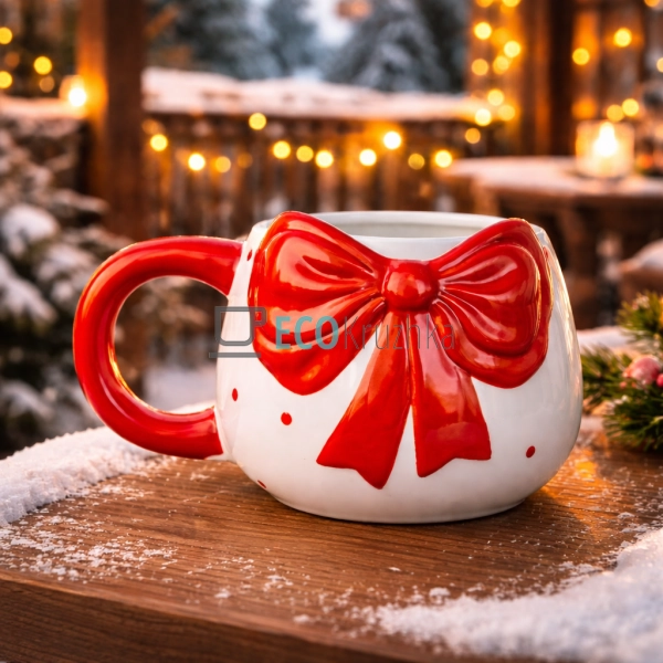 Кухоль керамічний Бант 400 мл біло-червоний (304-039)