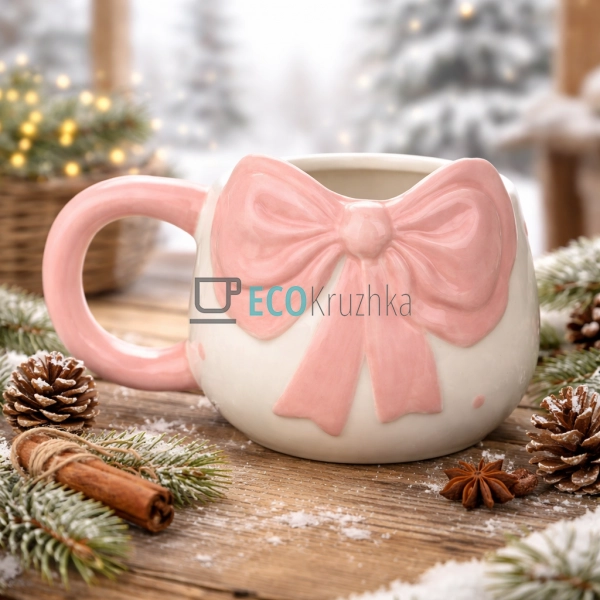 Кухоль керамічний Бант 400 мл біло-рожевий (304-038)