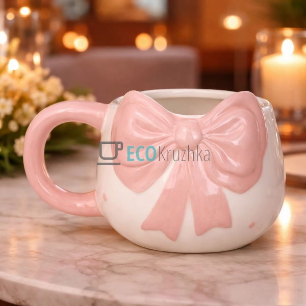 Кухоль керамічний Бант 400 мл біло-рожевий (304-038)