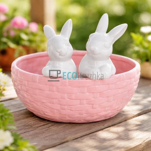 Декоративне керамічне кашпо Кролики в кошику 21 см (733- ...