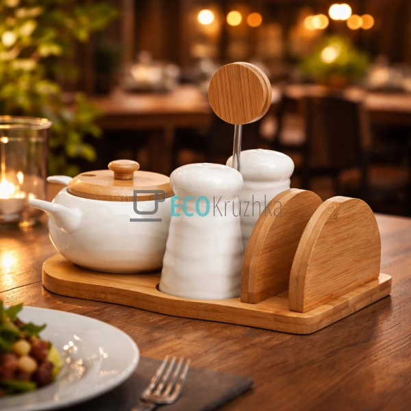 Набір на бамбуковій підставці чотири предмети ( цукорниц ...