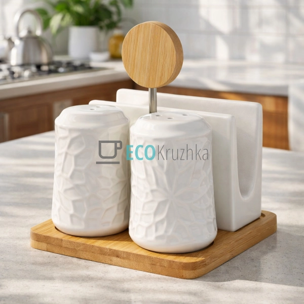 Сільничка та перечниця, серветниця на бамбуковій підстав ...