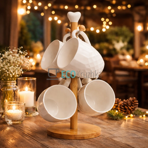 Набір чашок на бамбуковій підставці 300 мл Interos PJ028 ...