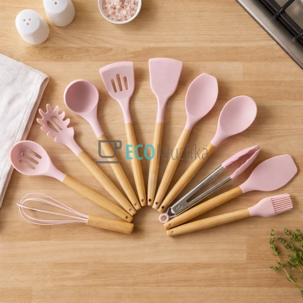 Набір кухонного посуду 12 шт з бамбуковими ручками рожев ...