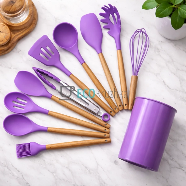 Набір кухонного посуду 12 шт з бамбуковими ручками фіоле ...