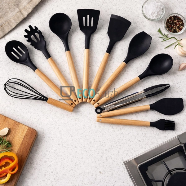 Набір кухонного посуду 12 шт з бамбуковими ручками чорни ...