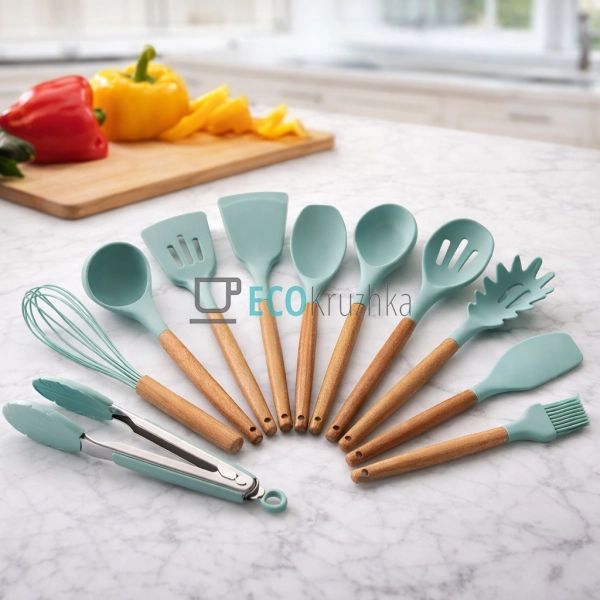 Набір кухонного посуду 12 шт з бамбуковими ручками бірюз ...