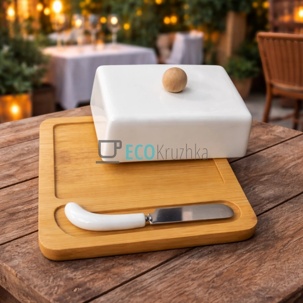 Маслянка керамічна з ножем та бамбуковою підставкою PJ02 ...