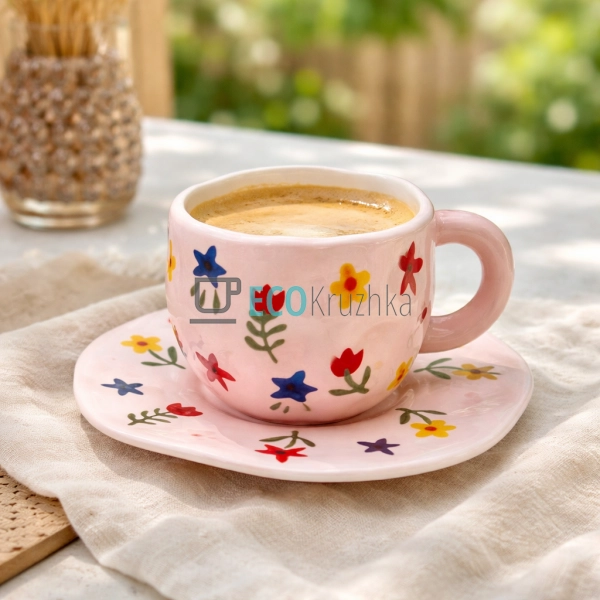 Порцелянова чашка з блюдцем 300 мл Квіткова рожева (8030 ...