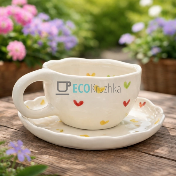 Порцелянова чашка з блюдцем 300 мл Мульти серця (8030-39 ...