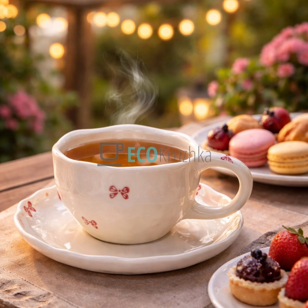 Порцелянова чашка з блюдцем 300 мл Рожевий бантик (8030- ...