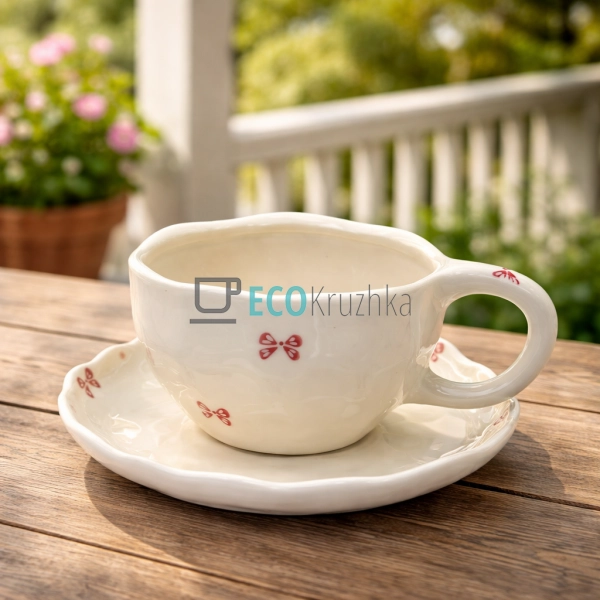 Порцелянова чашка з блюдцем 300 мл Рожевий бантик (8030- ...