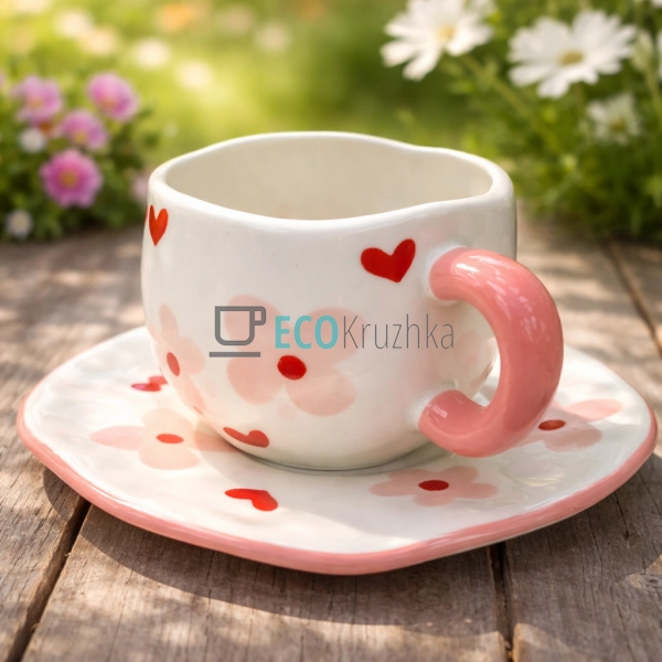 Порцелянова чашка з блюдцем 300 мл Рожева квітка (8030-4 ...