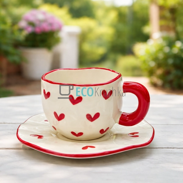 Порцелянова чашка з блюдцем 300 мл Червоні сердечка (803 ...