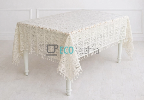 Бавовняна скатертина з в’язаним мереживом і китицями Boh ...