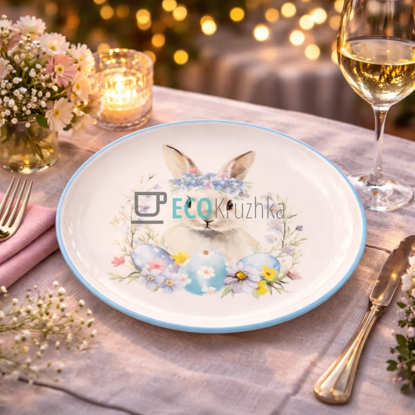 Керамічна тарілка 20 см Зайчик у квітах блакитний (DM187 ...