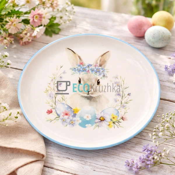 Керамічна тарілка 20 см Зайчик у квітах блакитний (DM187 ...