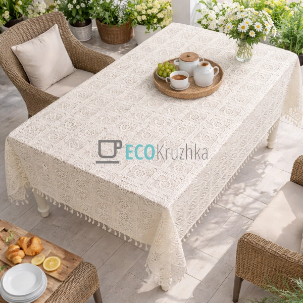 Бавовняна скатертина з в’язаним мереживом і китицями Boh ...