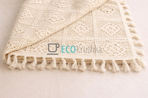 Бавовняна скатертина з в’язаним мереживом і китицями Boh ...