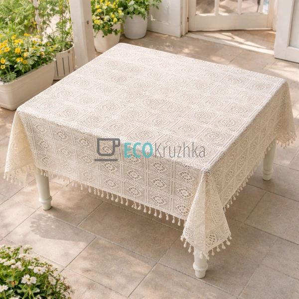 Бавовняна скатертина з в’язаним мереживом і китицями Boh ... Бавовняна скатертина з в’язаним мереживом і китицями Boh ...