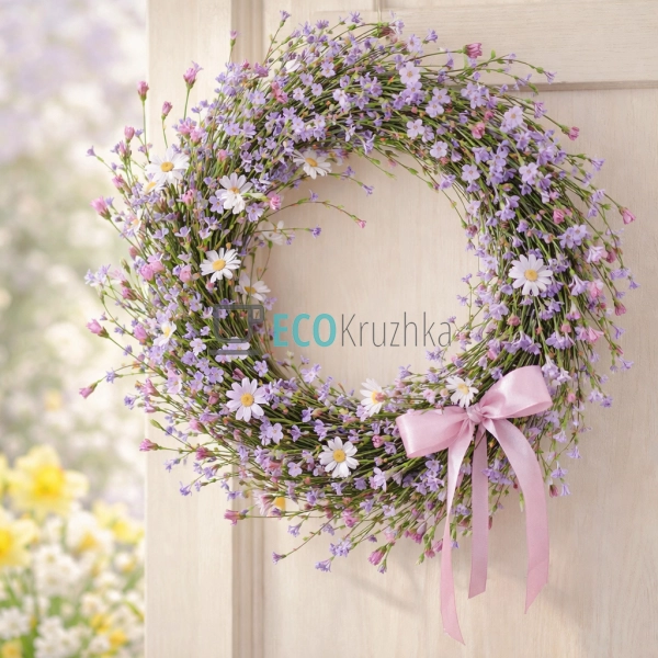 Декоративний вінок з квітами бузковий 55 см для декору д ...