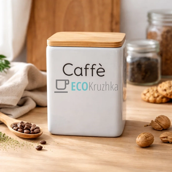 Керамічна банка Caffe 10×10×13 см з бамбуковою кришкою сіра (304-058)