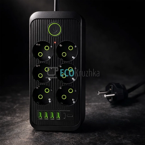 Мережевий фільтр подовжувач на 6 розеток з USB та Type-C ...