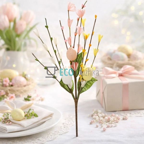 Декоративна гілка з яйцями, ягодами та квітами 40 см (H3 ...
