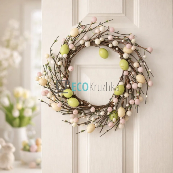 Вінок великодній 30 см зі штучних яєць і ягід (H39‑423)