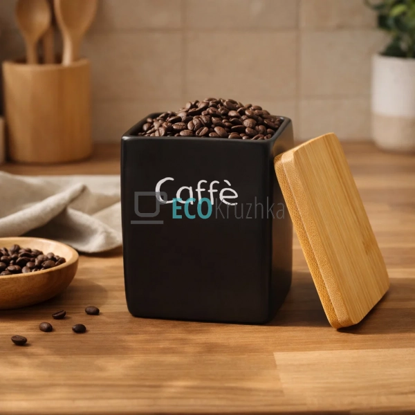 Керамічна банка Caffe 10×10×13 см з бамбуковою кришкою ч ...