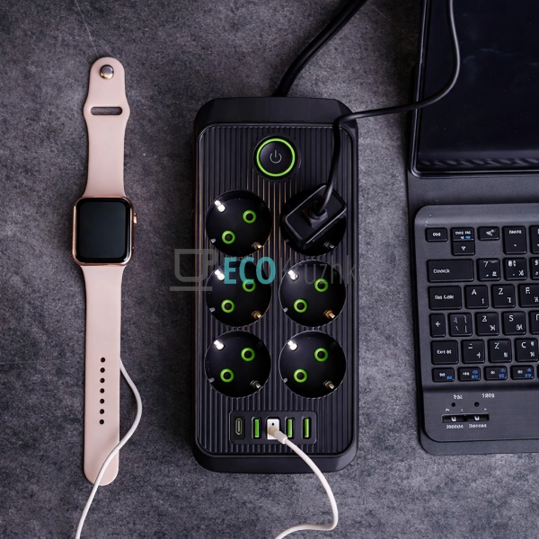 Мережевий фільтр подовжувач на 6 розеток з USB та Type-C ...