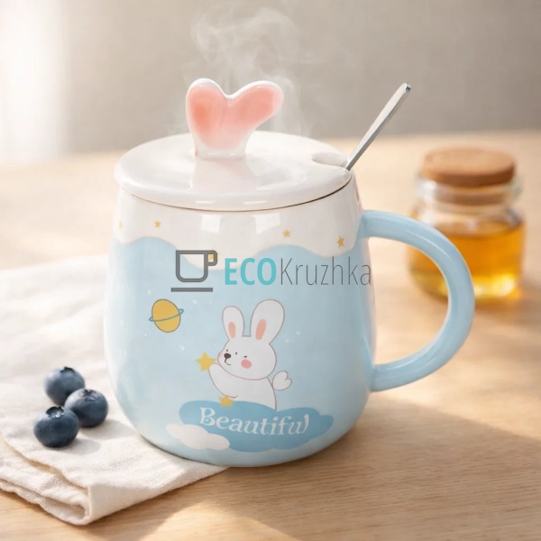 Порцелянова чашка з кришкою та ложкою Funny Rabbits 430  ...