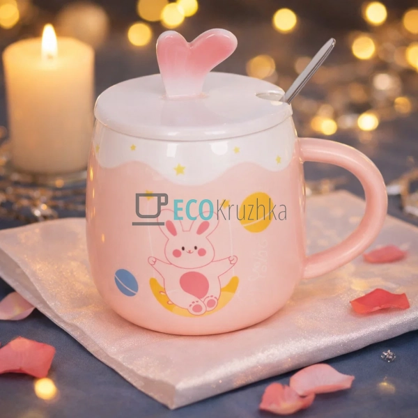 Порцелянова чашка з кришкою та ложкою Funny Rabbits 430  ...
