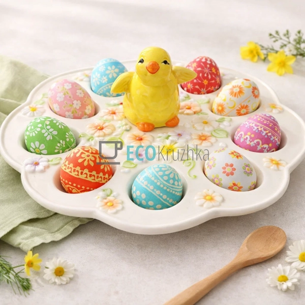 Керамічна підставка для 8 яєць Курча в квітах 24.5×8.5 с ...