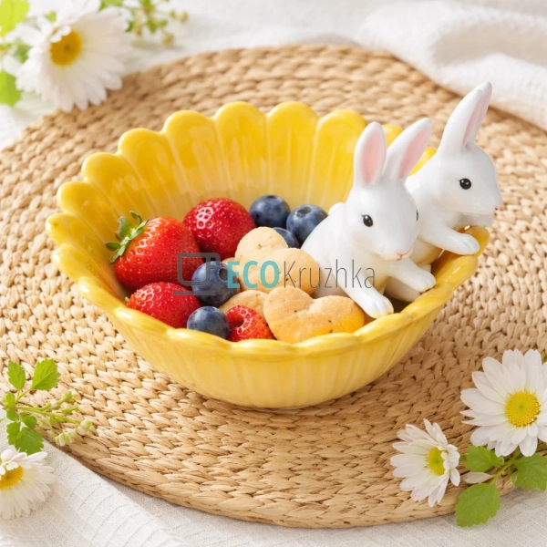 Керамічна піала Кролики в квітці 21 см жовта (733-577)